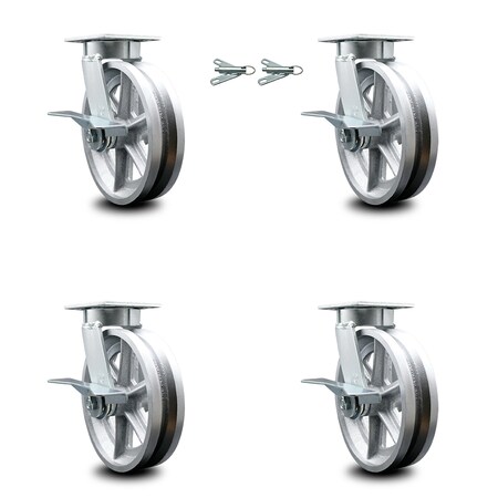 Service Caster 8 Inch Kingpinless V Groove Semi Steel Wheel Caster Brakes 2 Swivel Locks, 4PK SCC-KP30S820-VGR-SLB-BSL-2-SLB-2